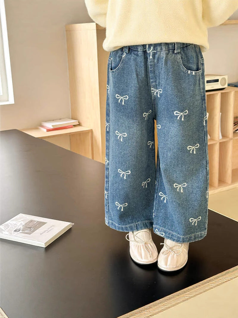 Girls’ Bow Print Wide-Leg Denim Pants for Toddlers