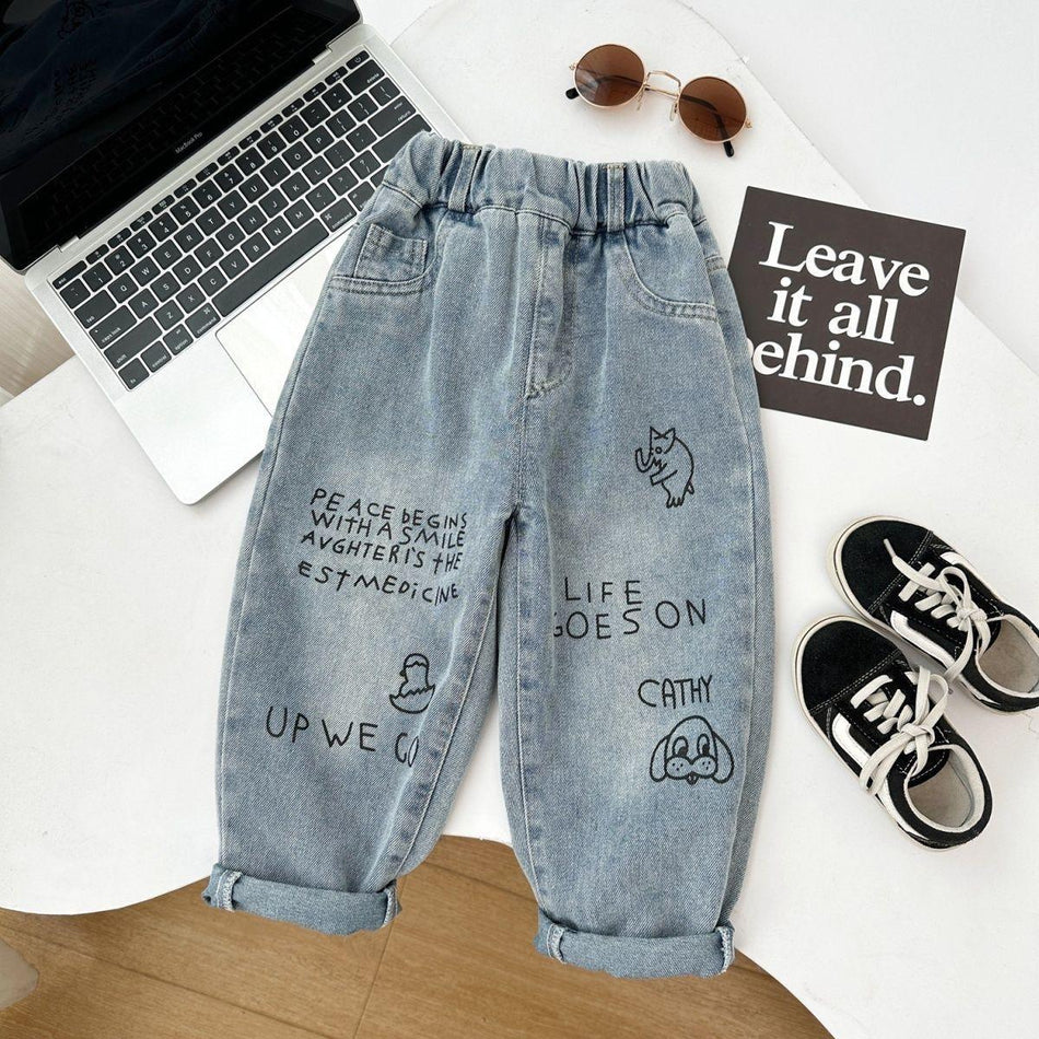 Boys’ Cartoon Print Denim Pants for Spring & Autumn