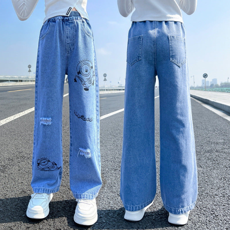 Children Girls’ High-Waisted Wide-Leg Denim Pants for Spring & Autumn
