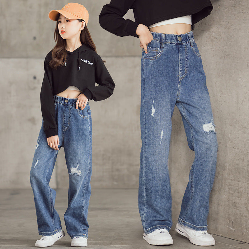 Children Girls’ Loose Wide-Leg Denim Jeans for Spring & Autumn