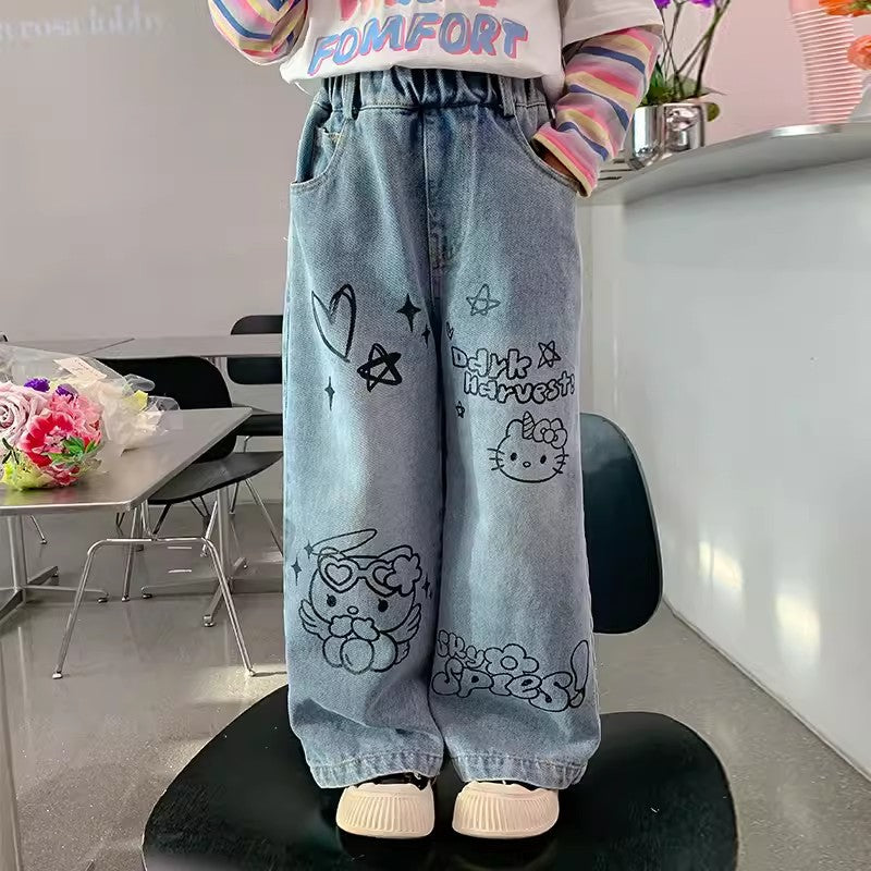 Children Girls’ Wide-Leg Cartoon Jeans for Spring & Autumn
