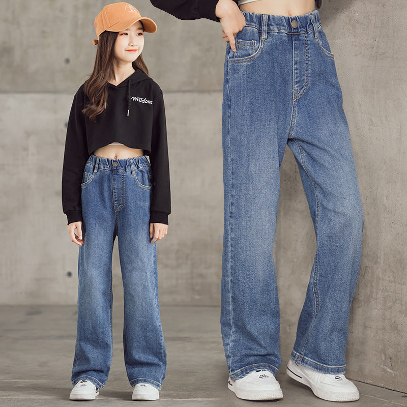 Children Girls’ Simple Wide-Leg Denim Pants for Spring & Autumn