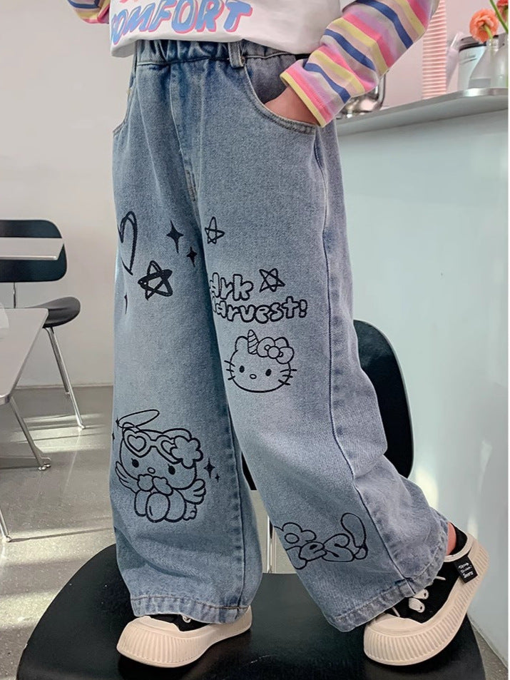 Children Girls’ Wide-Leg Denim Jeans for Spring & Autumn