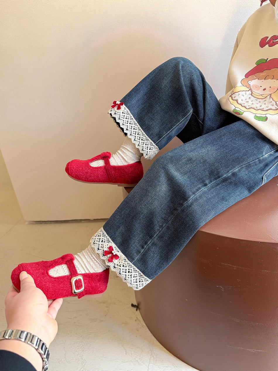 Children Girls’ Fleece-Lined Denim Pants for Autumn & Winter