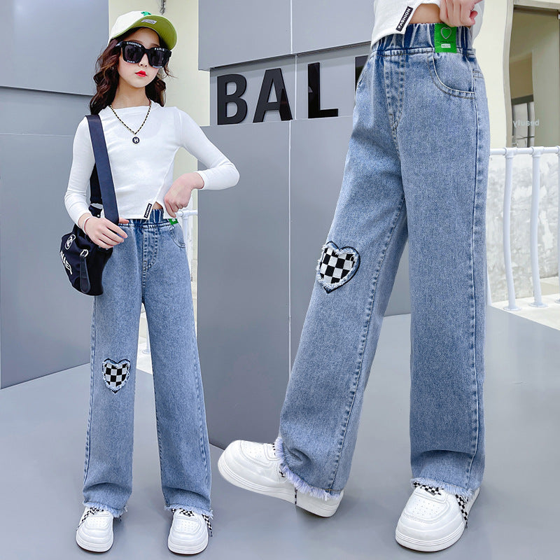 Children Girls’ Wide-Leg Denim Pants for Spring & Autumn