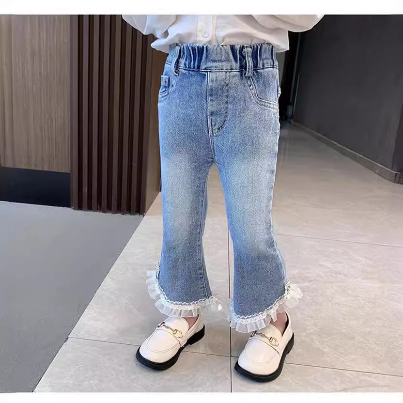 Children Girls’ Lace Flared Denim Pants for Spring & Autumn