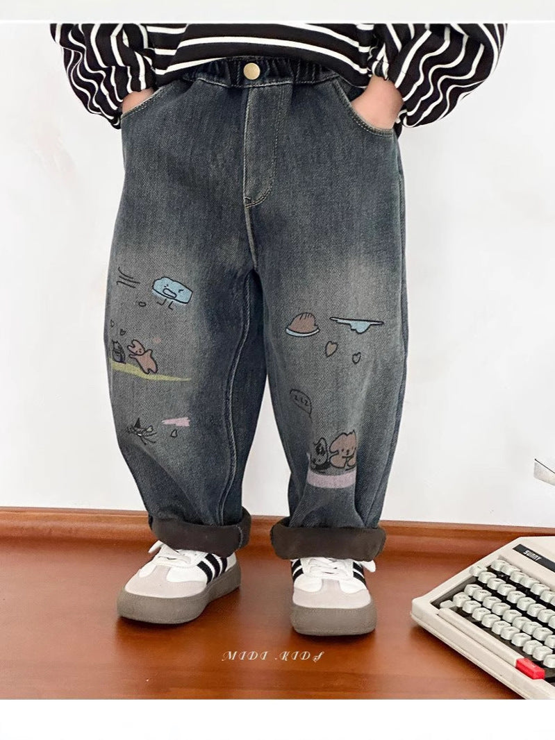 Children Boys’ Fleece-Lined Denim Jeans for Autumn & Winter