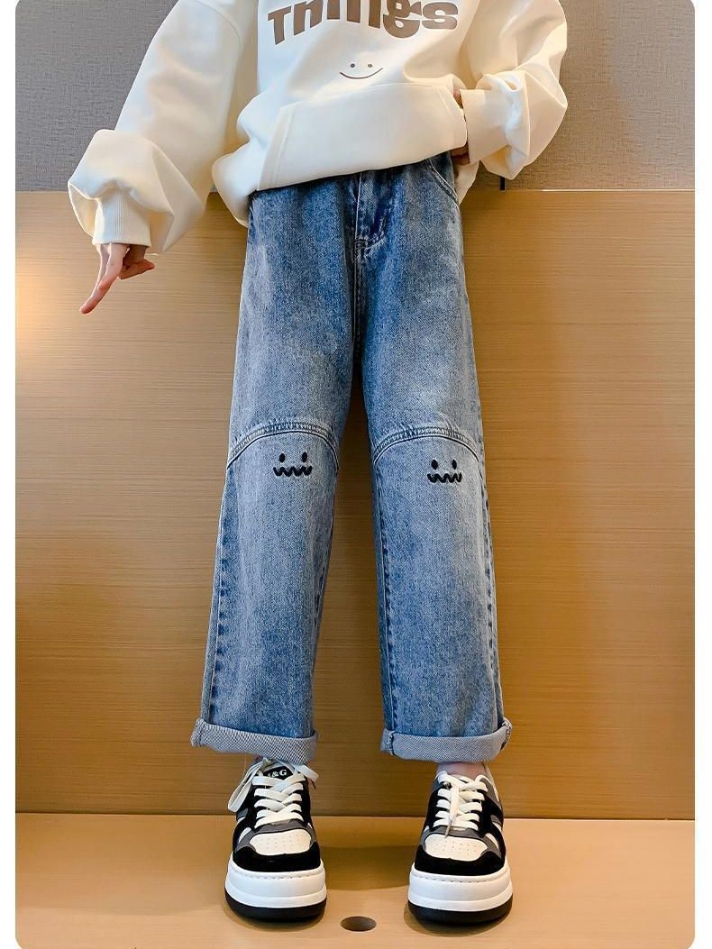Children Girls’ Wide-Leg Smiley Embroidered Denim Jeans