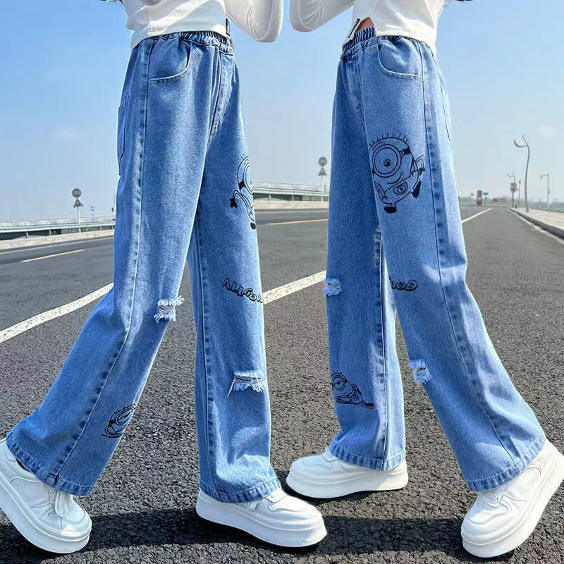 Children Girls’ Straight-Leg Denim Wide Pants for Spring & Autumn