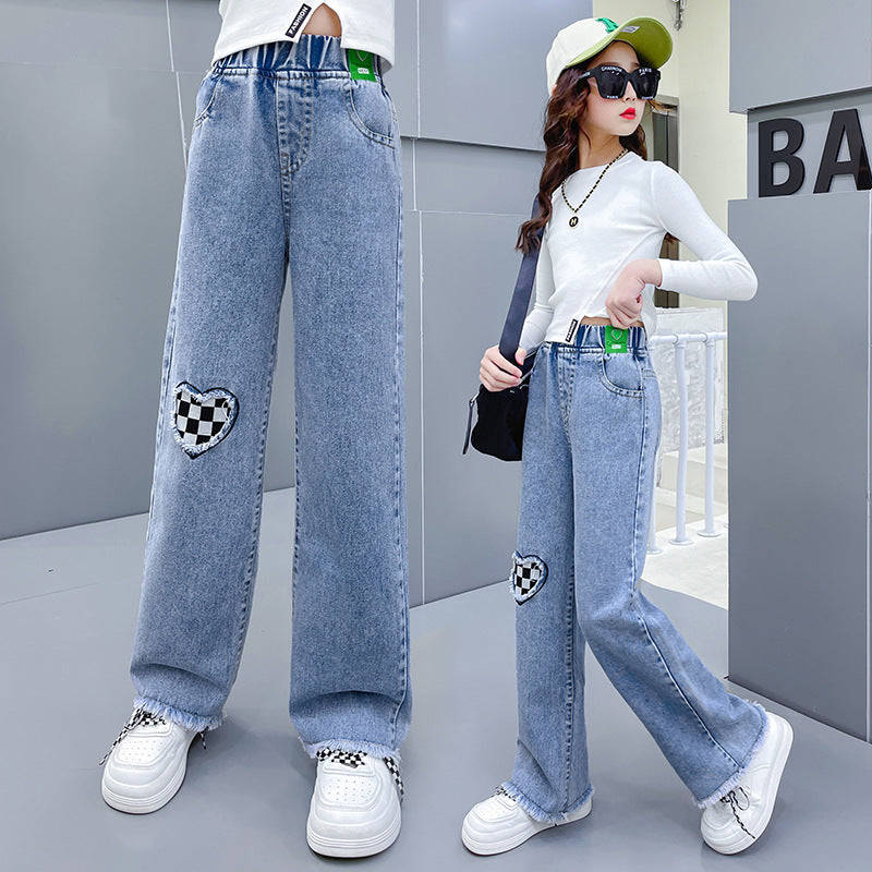 Children Girls’ High Waist Wide-Leg Ripped Jeans for Spring & Autumn
