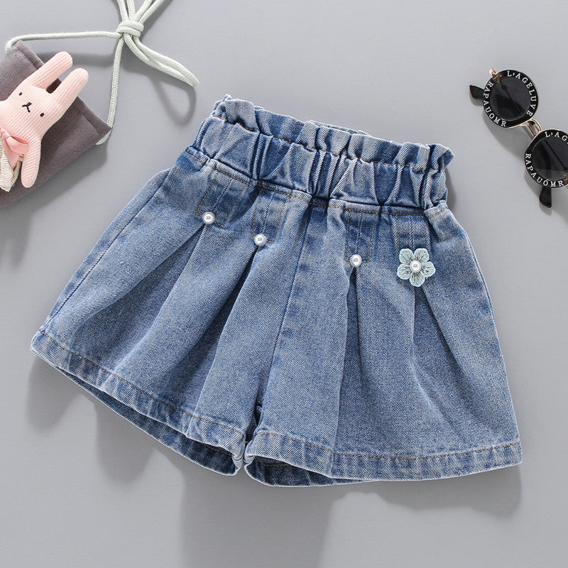 Children Girls’ Pleated Denim Shorts for Summer