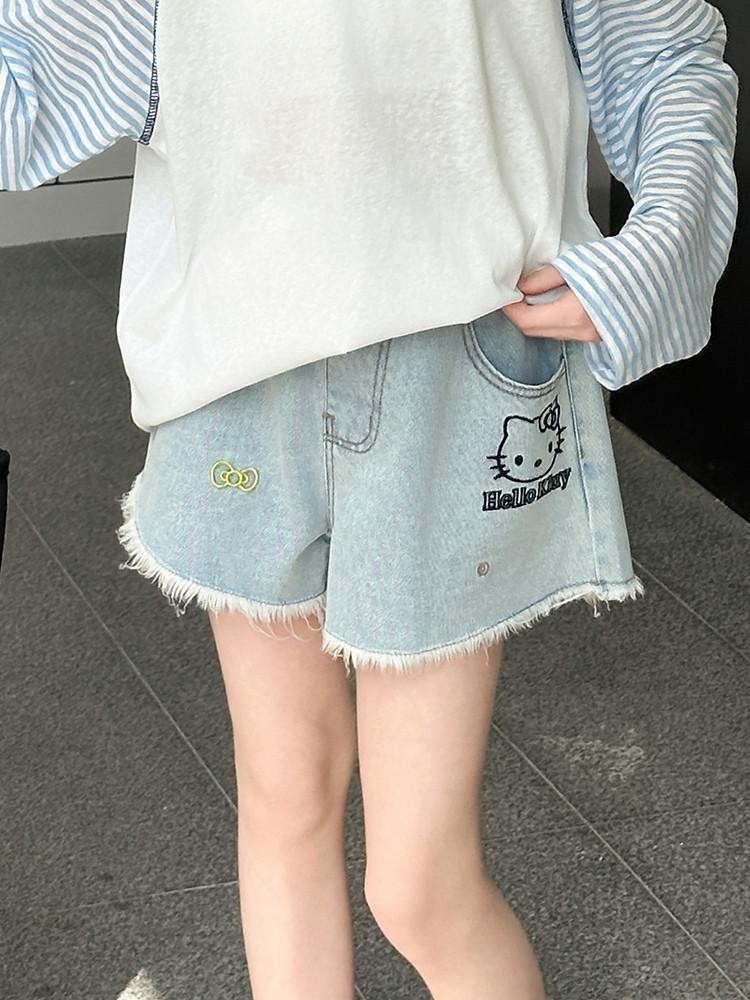 Children Girls’ Cat Embroidered Denim Shorts for Summer
