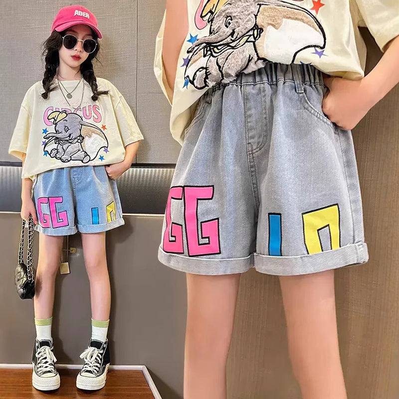 Children Girls’ Printed Denim Shorts for Summer