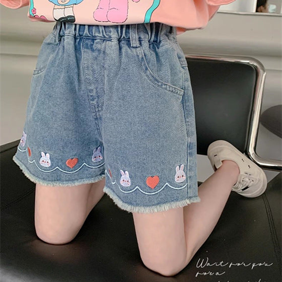 Children Girls High-Waisted Denim Shorts Loose Fit Summer