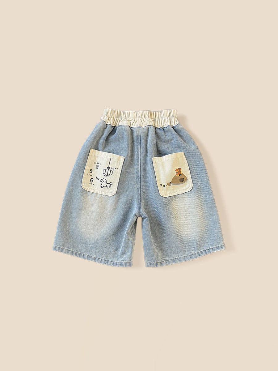 Children Boys Korean Cartoon Graffiti Denim Style Summer Shorts