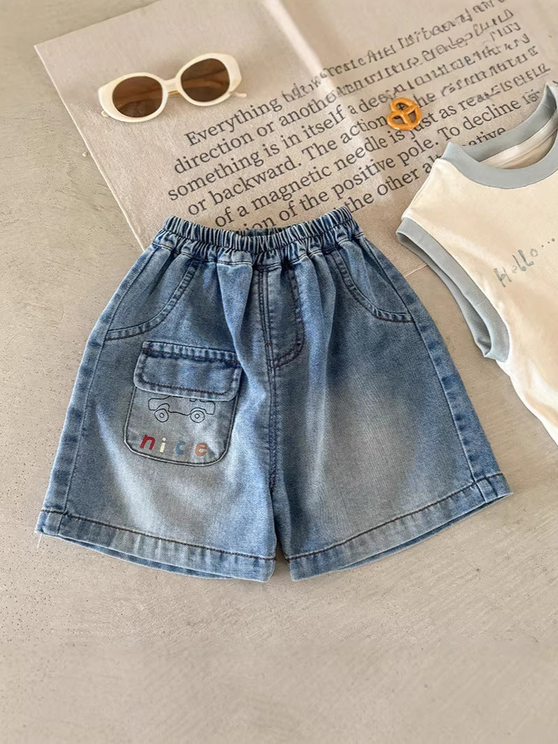 Boys Cotton Denim Summer Shorts Cartoon Embroidered Casual Fit