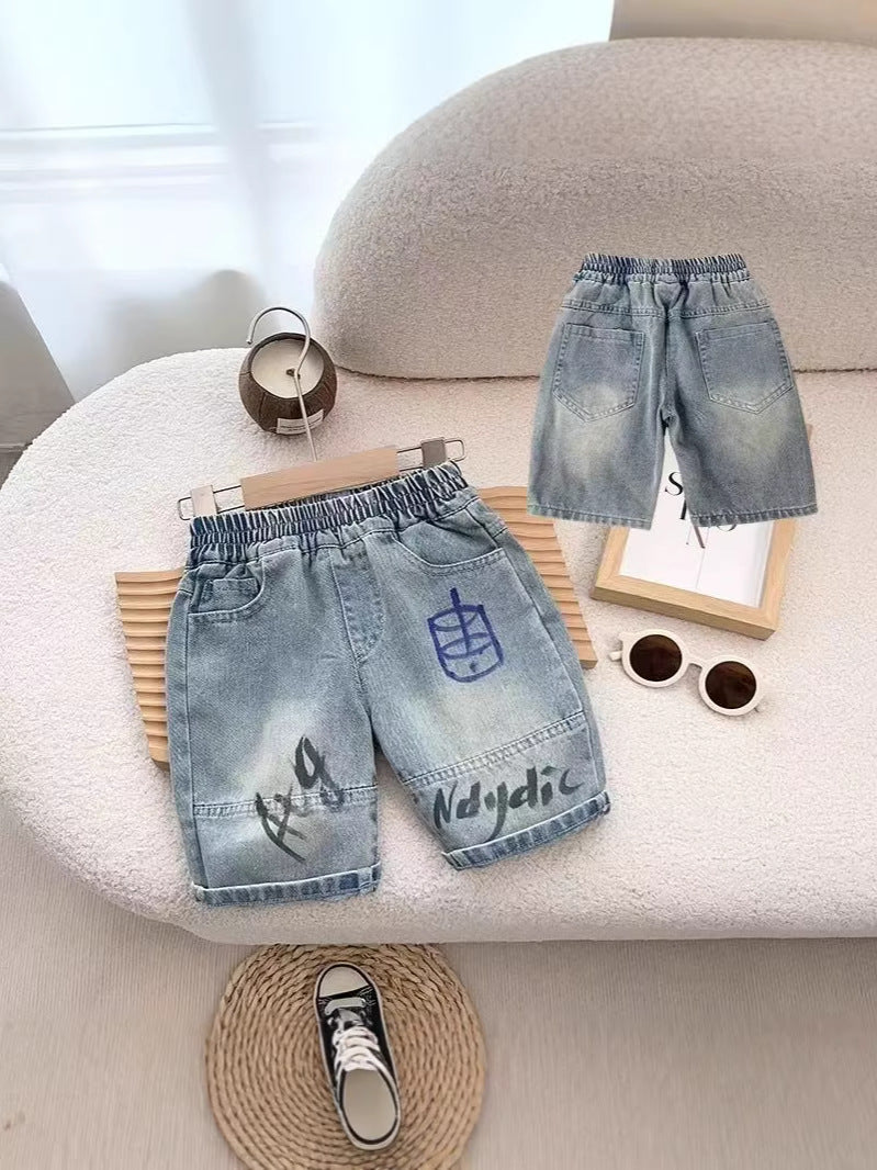 Boys Loose Fit Denim Capri Shorts Summer Casual Mid-Length Pants