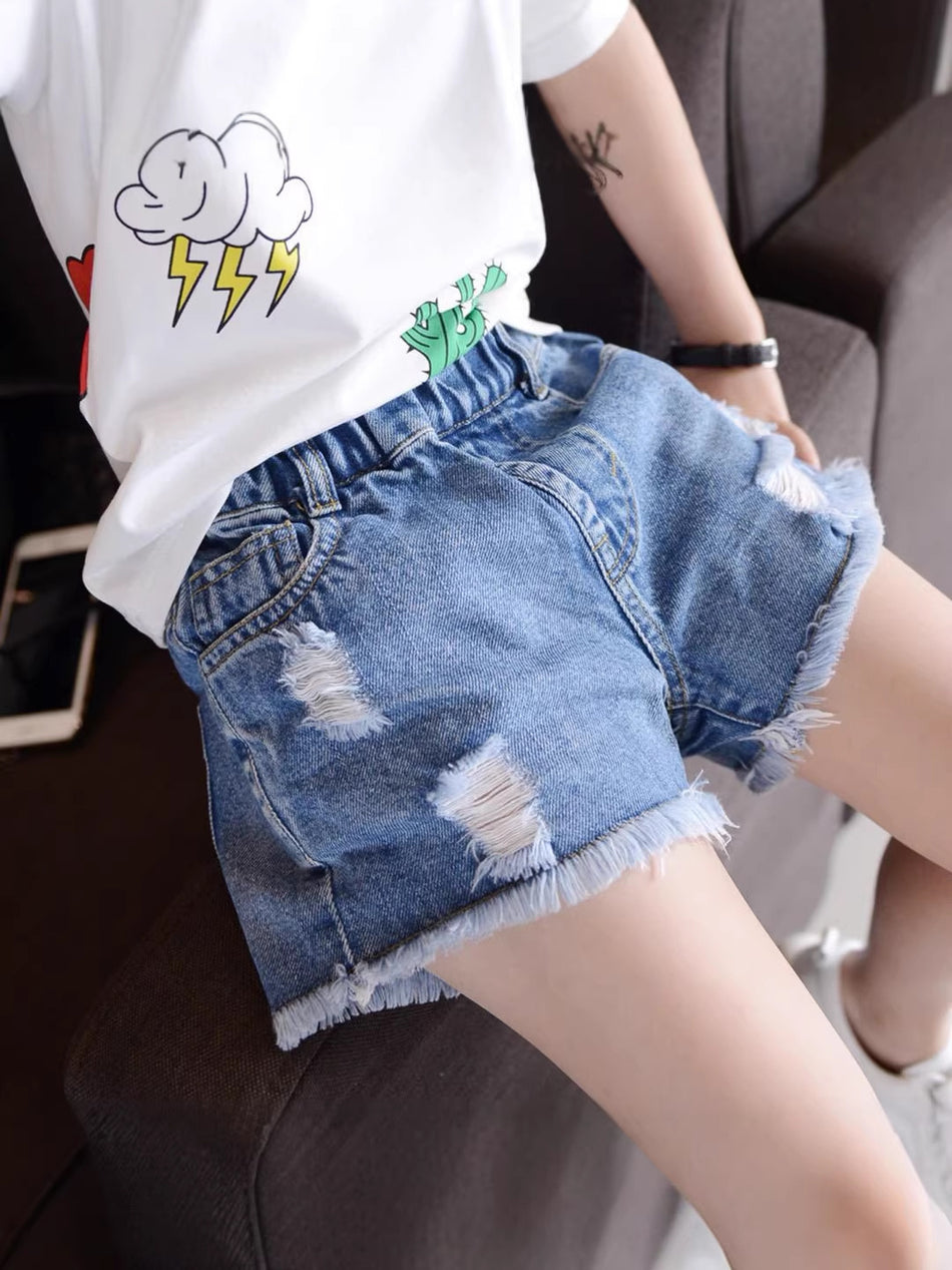 Girls Cotton Denim Summer Shorts Lace Floral Casual Hot Pants
