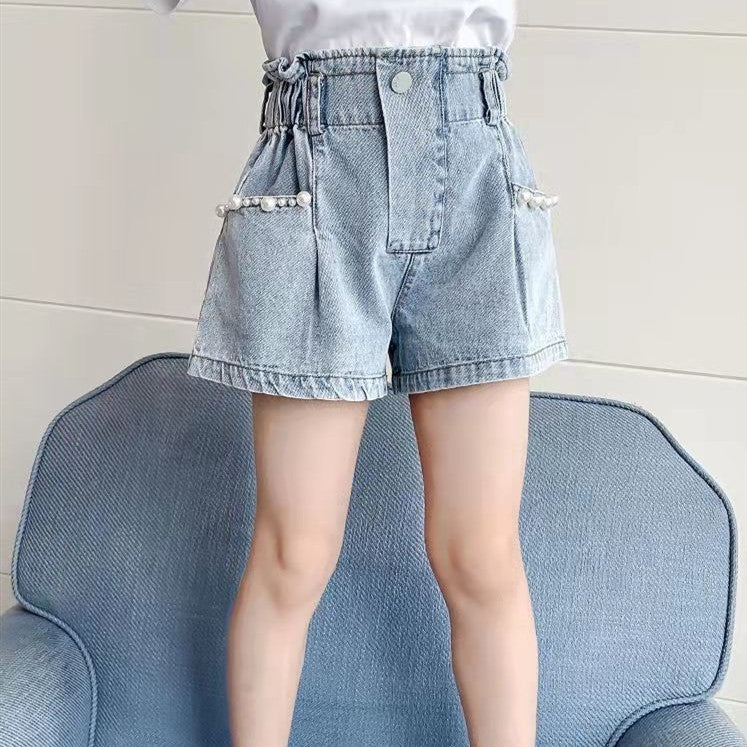 Girls Lace Embroidered Denim Shorts Summer Ethnic Style Hot Pants