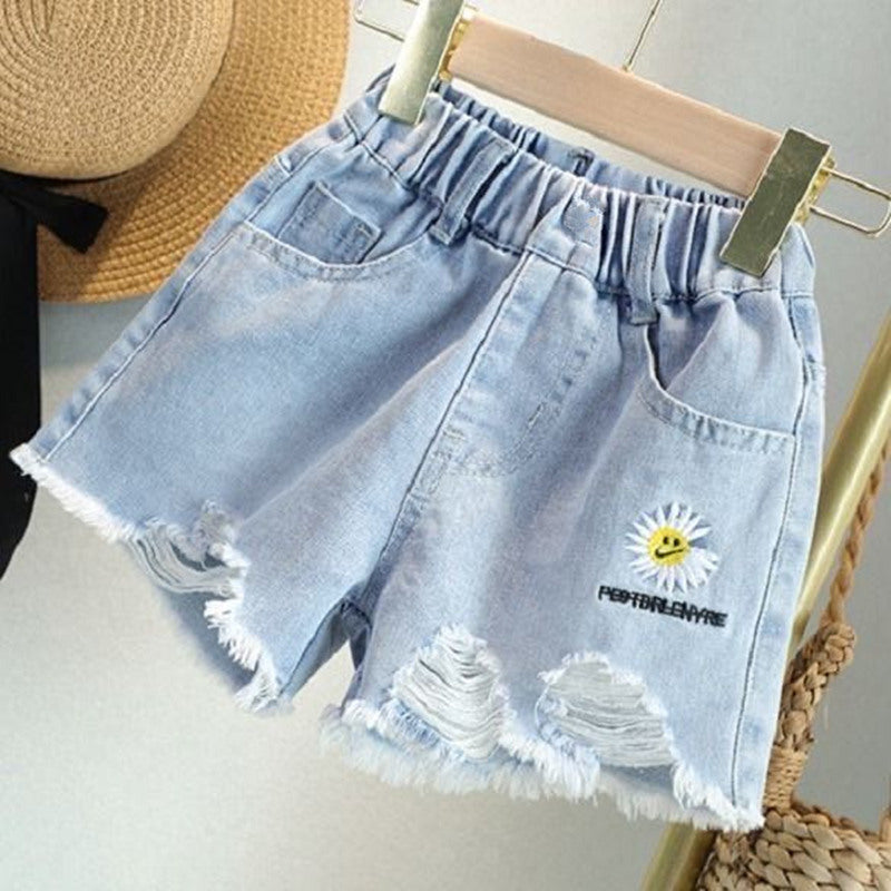 Girls Floral Denim Shorts Korean Style Mid Waist Casual Fit