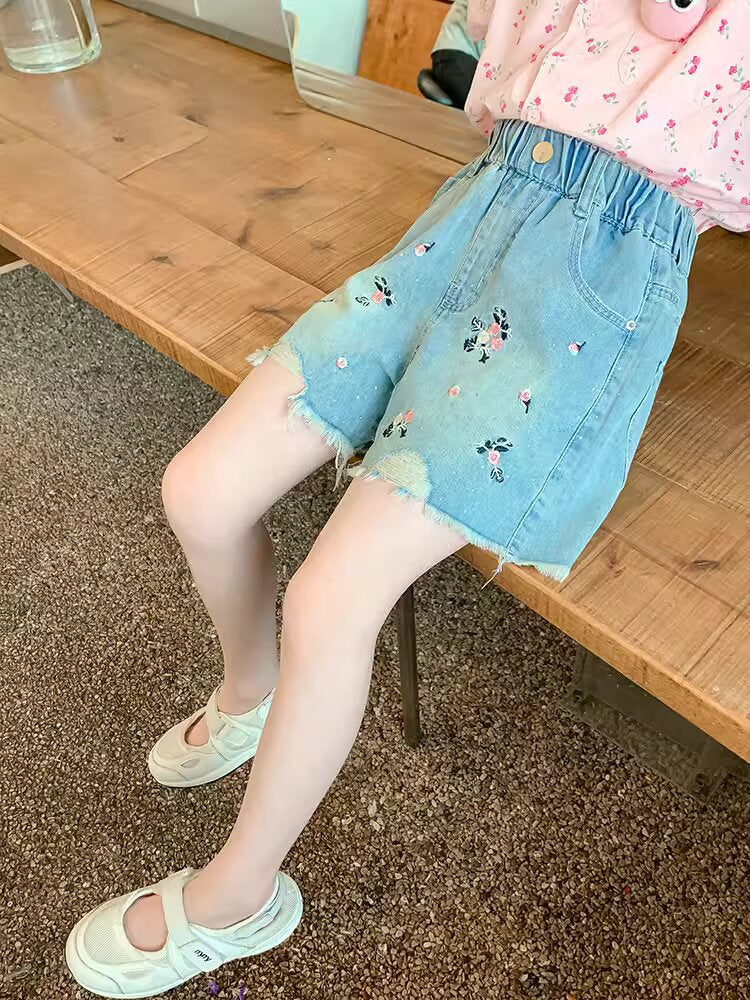Girls Floral Embroidered Denim Shorts Korean Style Casual Summer Wear
