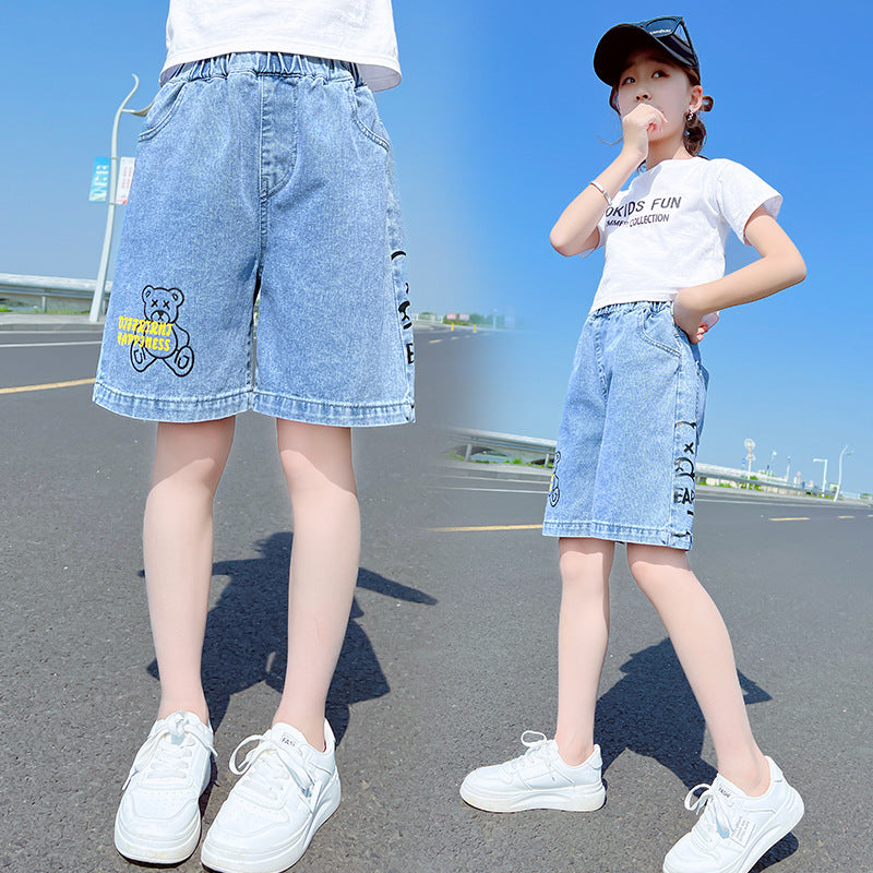 Girls Loose Fit Denim Mid Pants Summer Casual Cartoon Printed Style