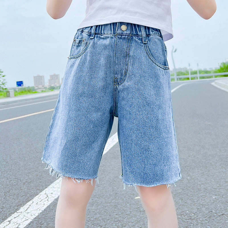 Girls Loose Fit Denim Mid Pants Casual Cartoon Printed Summer Wear