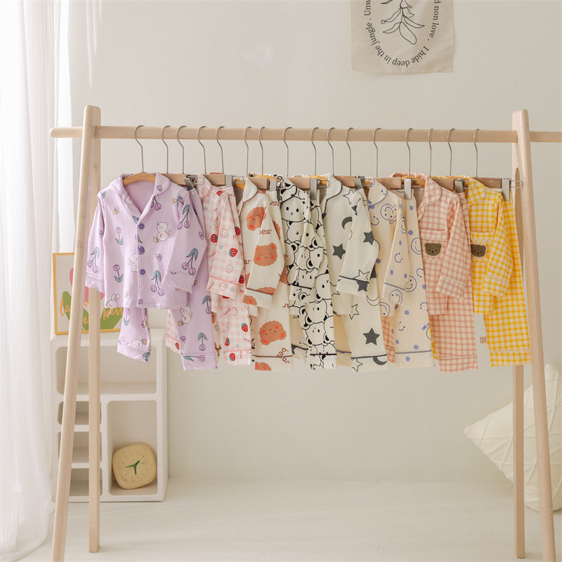 Kids Cotton Lapel Pajama Set Cartoon Printed Korean Style Homewear