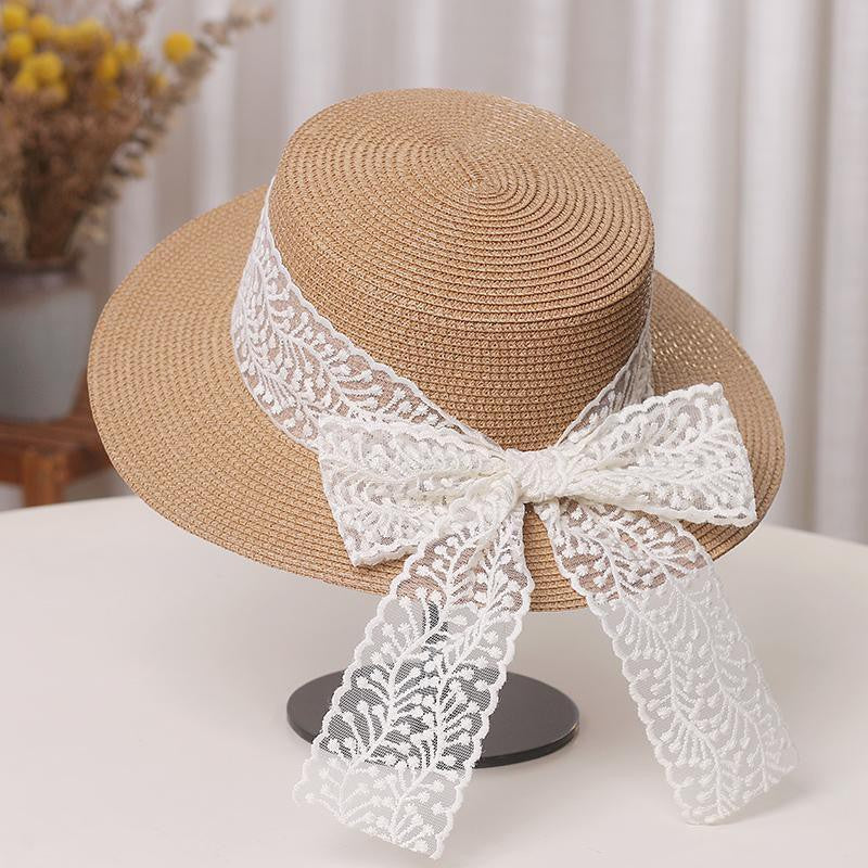 Parent Child Straw Sun Hat Lace Bow Elegant Summer Cap