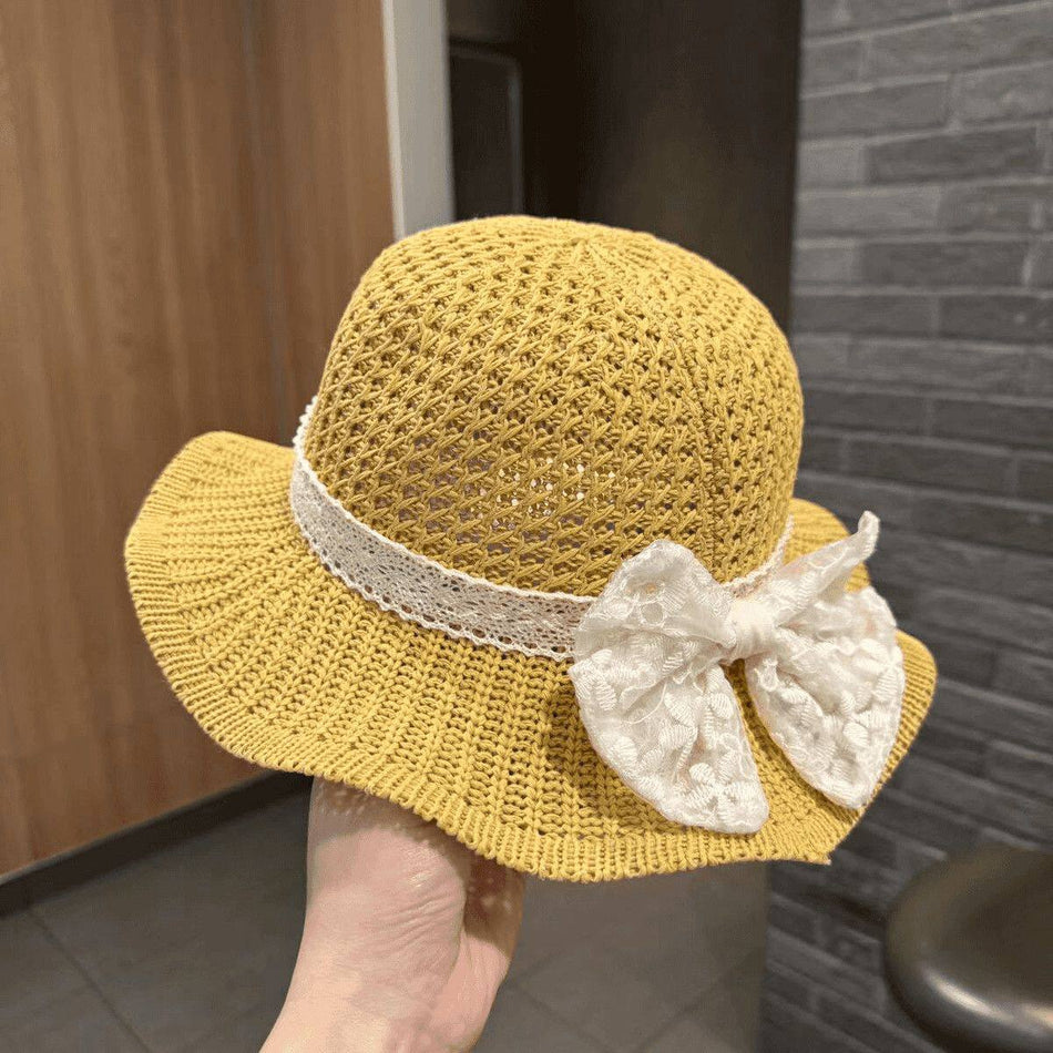 Kids Straw Sun Hat Lace Bow Breathable Summer Beach Cap