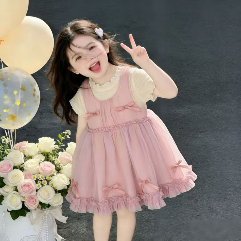 Girls Bow-Knot Princess Dress Mesh Gauze A-Line Summer Dress