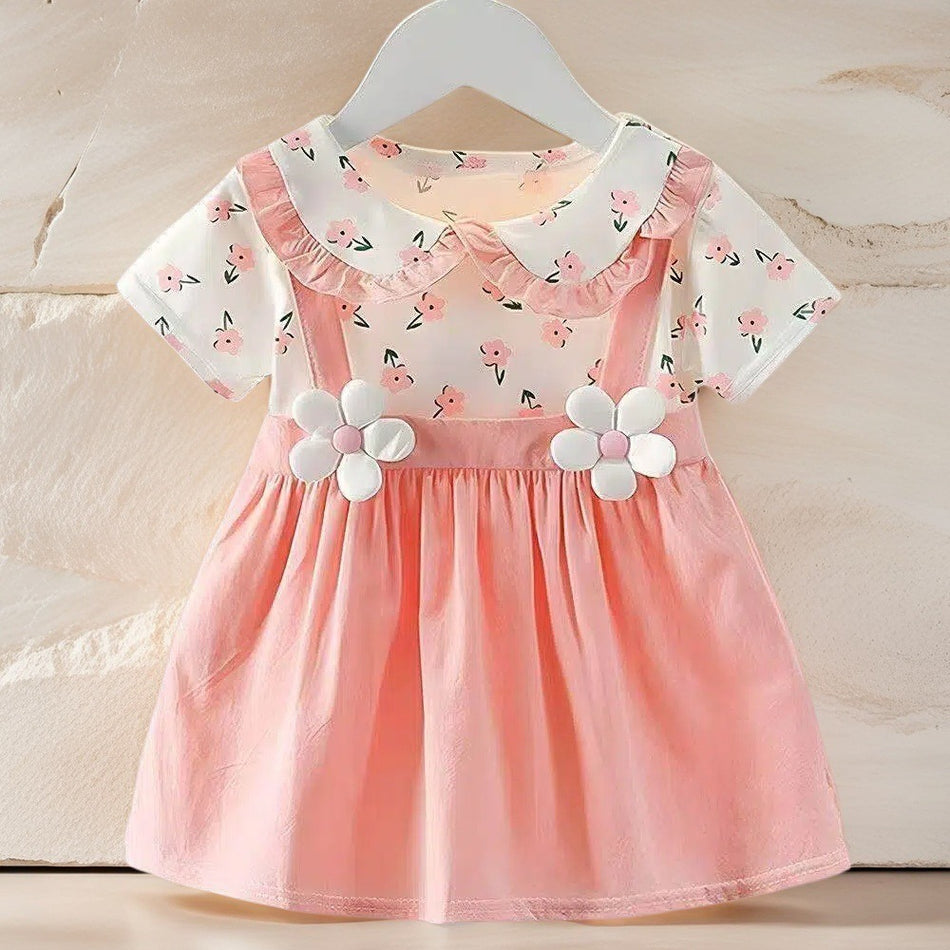 Girls Floral A-Line Dress Cotton Summer Short Sleeve Cute Skirt