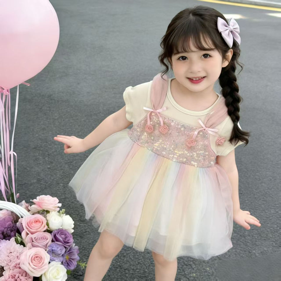 Girls Rainbow Mesh Princess Dress Cotton Blend A-Line Skirt