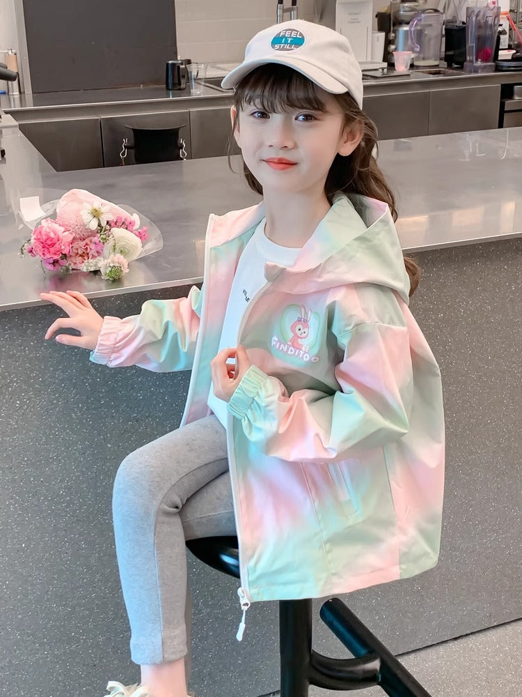 Girls Cartoon Hooded Zip-Up Windbreaker Jacket Spring Casual Outerwear