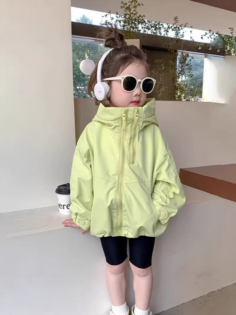 Girls Hooded Double Zipper Windbreaker Korean Style Coat