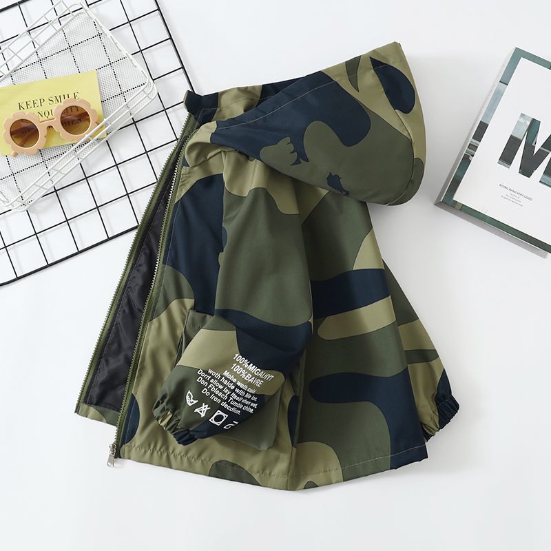 Kids Boys Camouflage Hooded Jacket Spring Autumn Zip Windbreaker