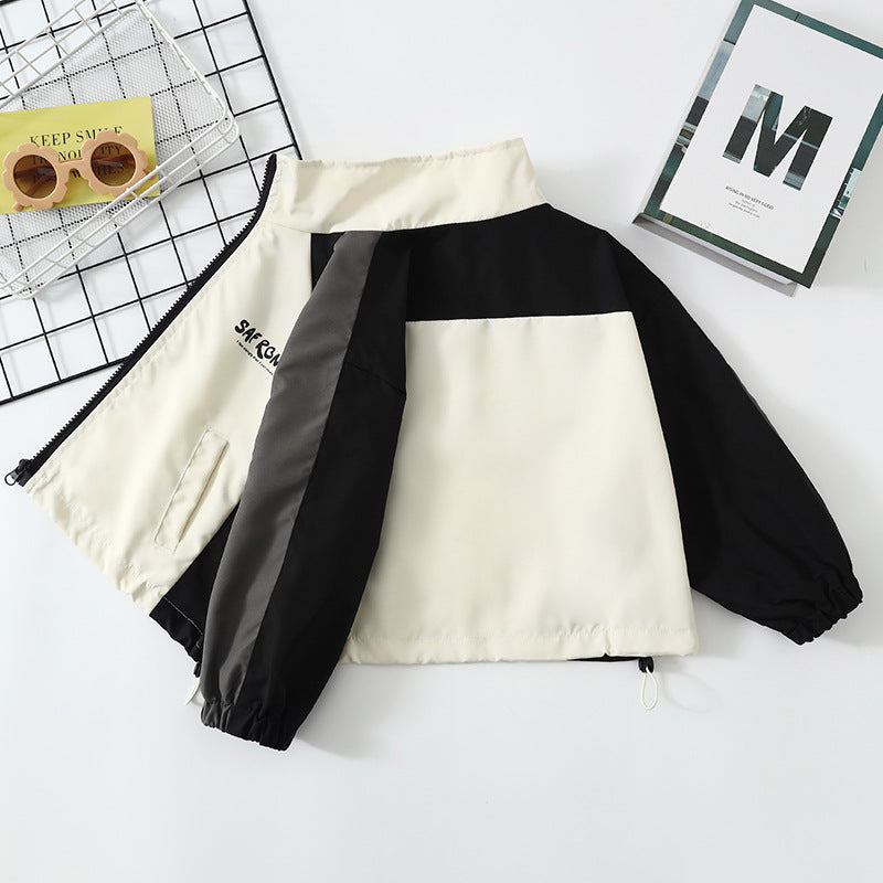 Girls Stand Collar Color Block Jacket Autumn Short Windbreaker Coat