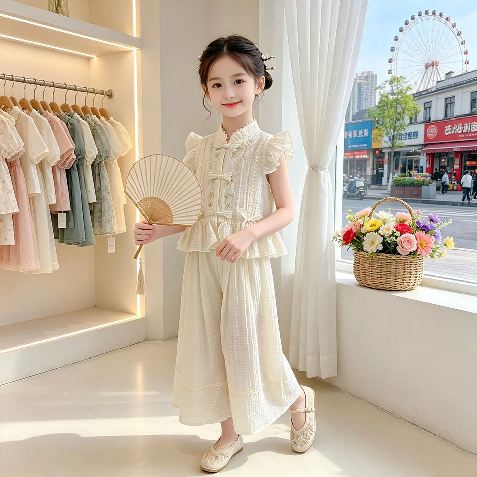 Girls Embroidered Two Piece Summer Set Chinese Style Outfit