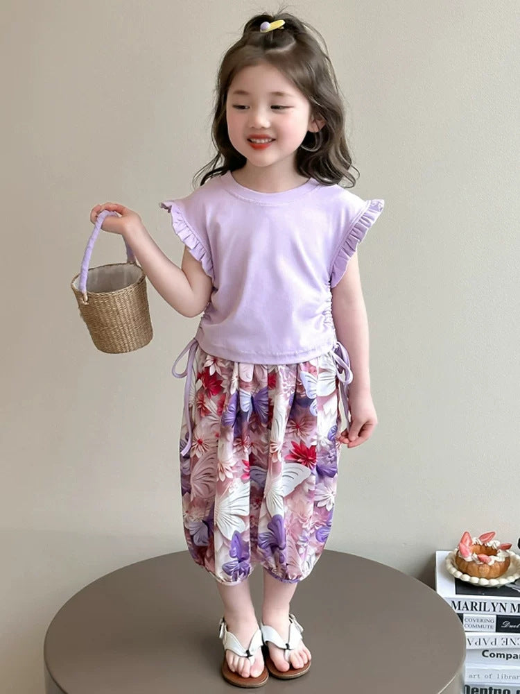 Girls Flying Sleeve Summer Two Piece Set Mosquito Proof Pants Outfit