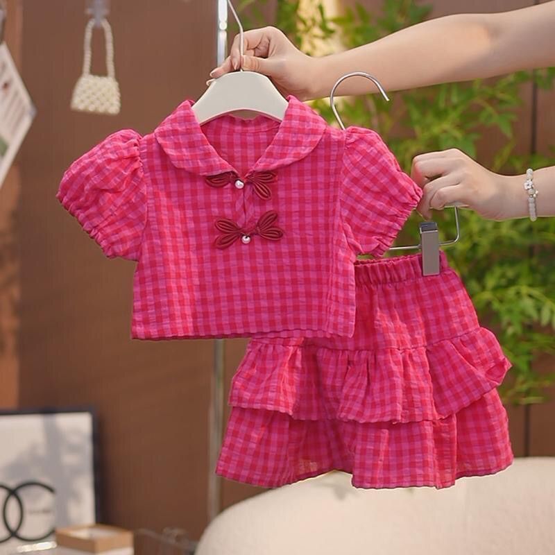 Girls Plaid Two Piece Set Pearl Button Summer Outfit