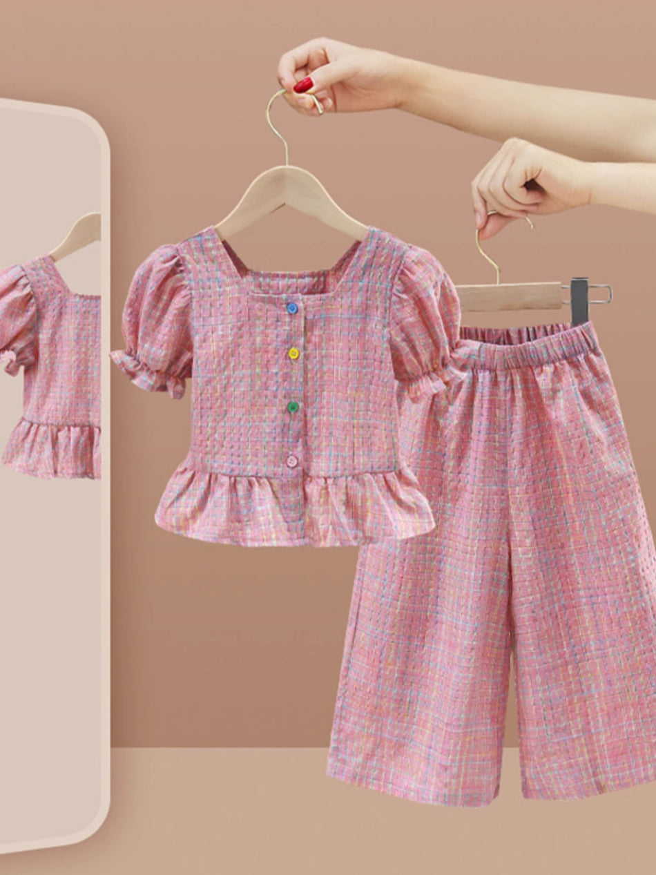 Girls Pink Plaid Two Piece Set Summer Wide Leg Pants Outfit