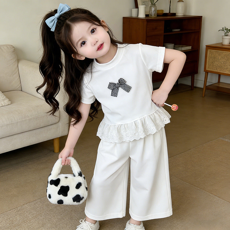 Girls White Bow Short Sleeve Wide-Leg Pants Two-Piece Set Outfit