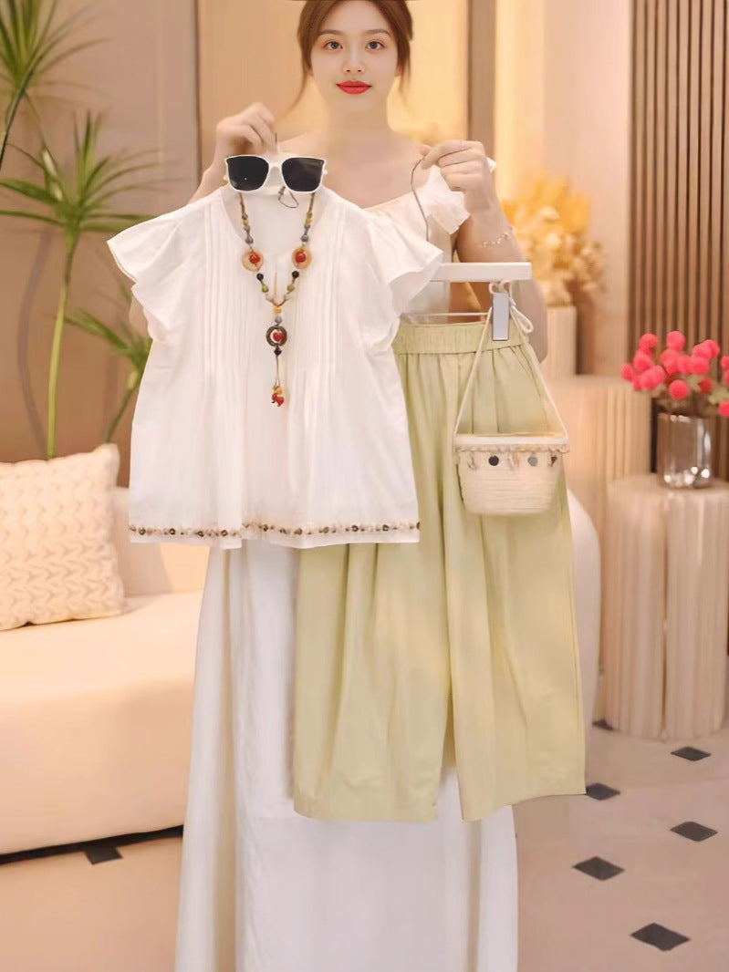 Korean Style Girls Chiffon Cropped Pants Two Piece Summer Set