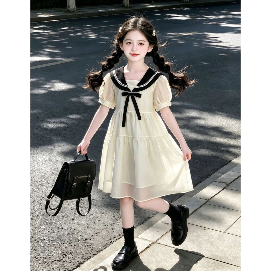 Girls Korean A-Line Chiffon Princess Summer Dress Beige Outfit