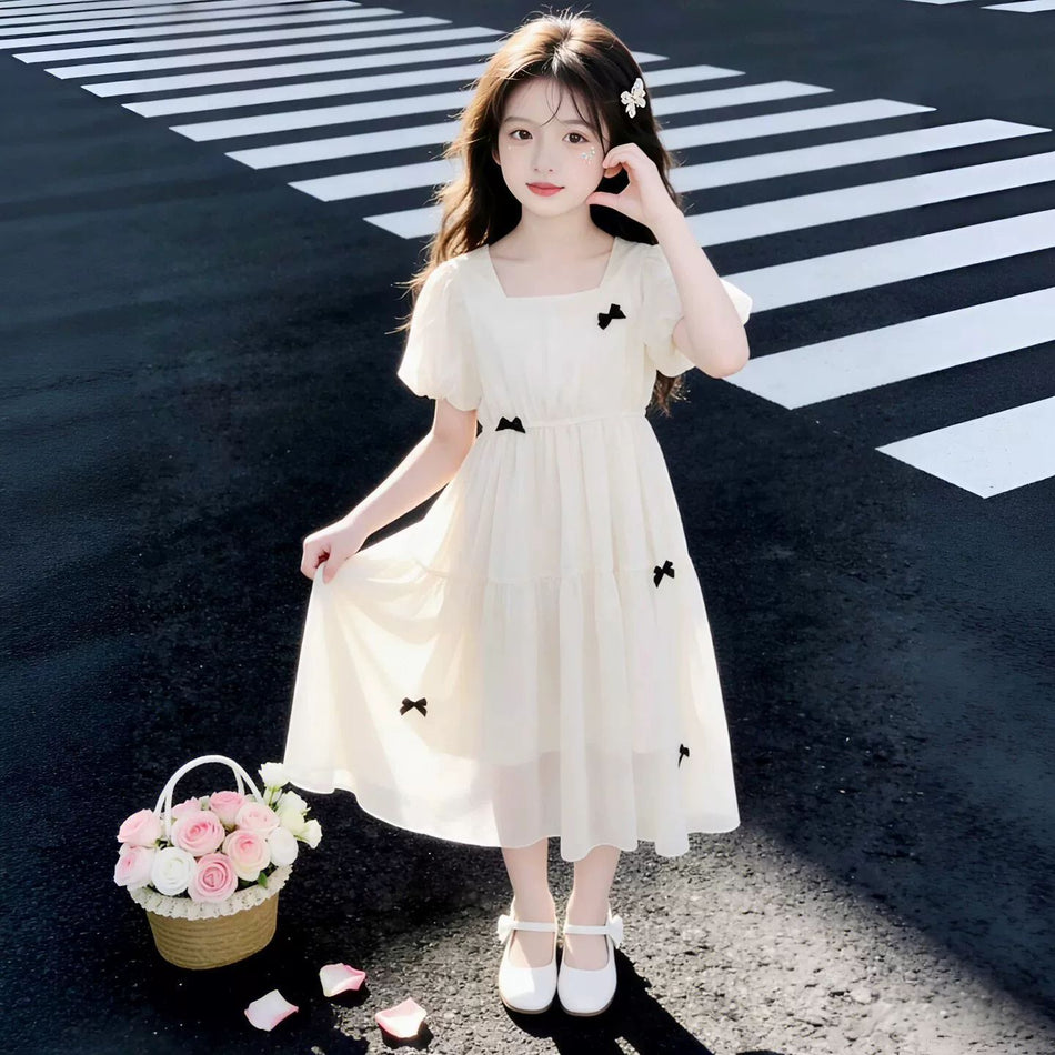 Girls Princess A-Line Summer Dress Beige Bow Kids Outfit