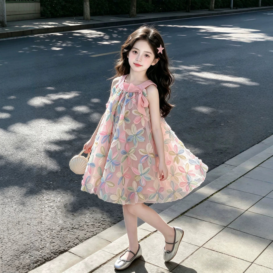 Girls Mesh Princess Summer Dress Pink Sunflower Kids Outfit