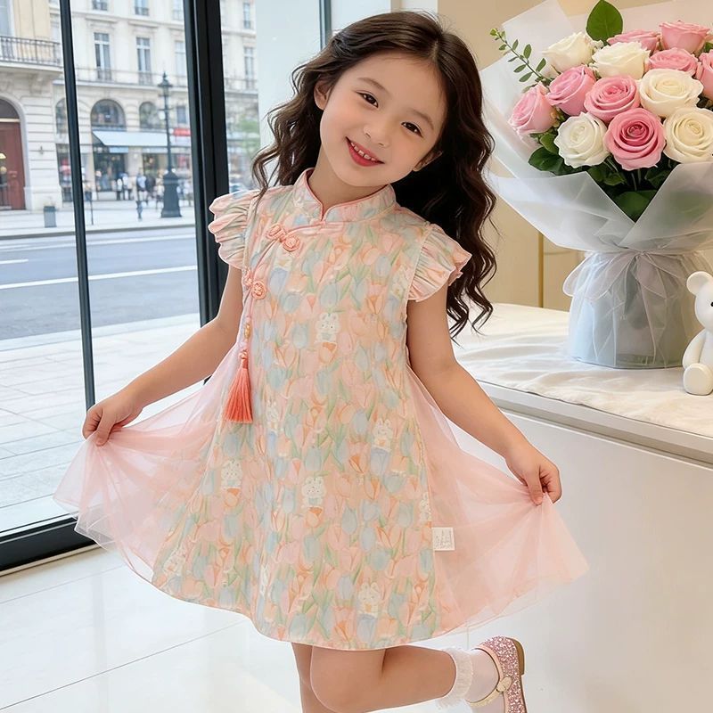 Girls Chinese Style Cheongsam Dress Pink Tulip Bunny Summer Outfit