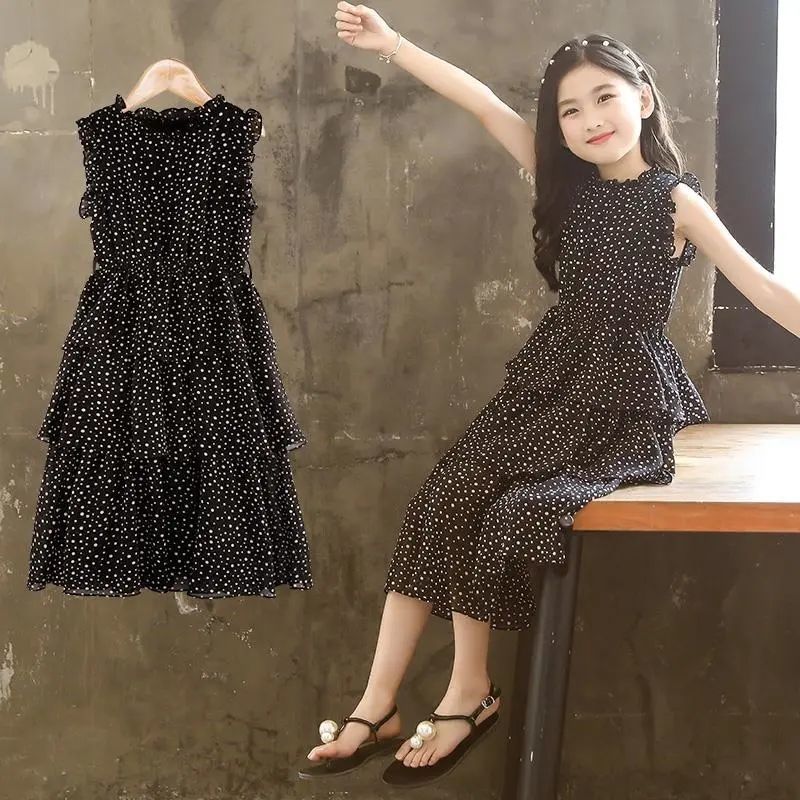 Girls Polka Dot Chiffon Princess Cake Dress Long Summer Outfit