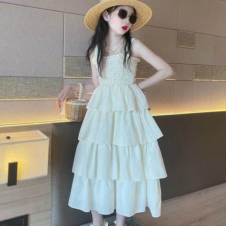 Girls White Suspender Cake Princess Dress Summer Holiday Outfit