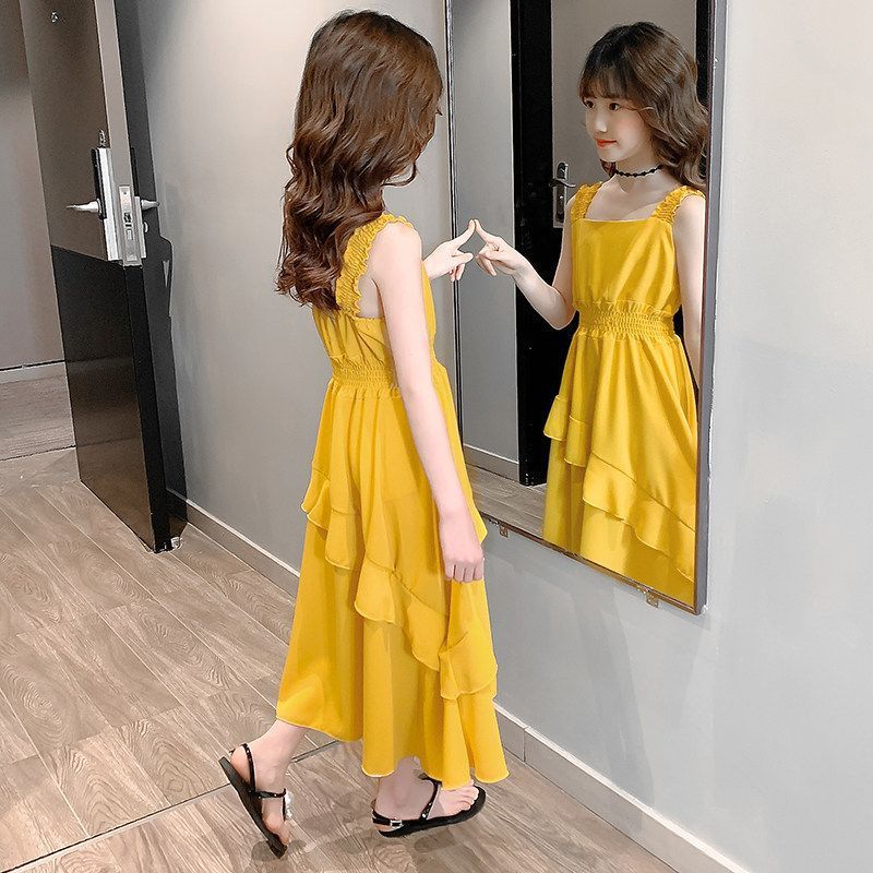 Girls Strap Princess Dress Summer Thin Solid Color Outfit